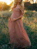 Plataz Pink Boho Flowy Bump Friendly Off Shoulder Photoshoots Maxi Dress Maternity