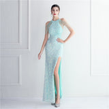 Plataz Industry Micro Glass Bead Craft Beaded Cocktail Evening Dress Elegant Long Halter Split HZ1007