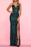 Plataz Formal Solid Sequins Backless Slit V Neck Evening Dress HZ1007