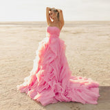 Plataz Pink Petal Ruffle Prom Party Dresses Long Strapless Bridal Photography Dress Beach Boho Maternity Photo Shoot HZ1007