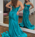 Vintage Turquoise Sheath Evening Gown Strapless Sweetheart Party Dress Satin Slit Floor Length Formal Dress HZ1024