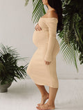 Plataz Apricot Off Shoulder Boat Neck Elegant Long Sleeve Baby Shower Maternity Photoshoot Sweater Dress Maternity