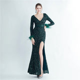 Plataz Feather Cuff Sequined Fishtail Evening Dress with Side HZ1007