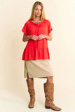 Plataz & Dani Solid Lace Trim Neck Short Sleeve Peplum Top DJPT