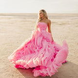 Plataz Pink Petal Ruffle Prom Party Dresses Long Strapless Bridal Photography Dress Beach Boho Maternity Photo Shoot HZ1007