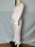 Plataz Pink Knit Falbala Ruffle Hem Single Breasted Flare Sleeve Bodycon Elegant Hoing Out Maternity Babyshower Maxi Sweater Dress Maternity