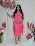 Plataz Rose Carmine Ruffle Slit Bodycon Fashion Party Photoshoot Babyshower Maternity Midi Dress Maternity