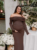Plataz Off Shoulder Ruched Flare Sleeve Mermaid Bodycon Fashion Photoshoot Baby Shower Maternity Maxi Dress Maternity