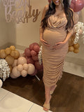 Plataz Khaki Ruched Off Shoulder Belly Friendly Baby Shower Club Party Tube Bodycon Maternity Midi Dress Maternity