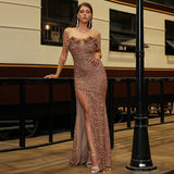 Plataz Women Sleeveless Elegant Sexy Long Sequined off Neck Backless Evening HZ1007