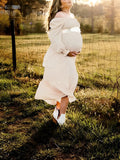 Plataz Ruffle High Waist Falbala Boho Flowy Long Sleeve Plus Size Baby Shower Maternity Photoshoot Midi Dress Maternity