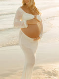 Plataz White 2 Piece Crochet Mesh Backless Flare Sleeve Bodycon Vacation Beach Photoshoot Baby Shower Maternity Maxi Dress Maternity