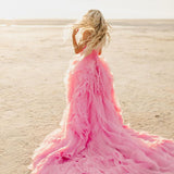 Plataz Pink Petal Ruffle Prom Party Dresses Long Strapless Bridal Photography Dress Beach Boho Maternity Photo Shoot HZ1007