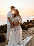 Plataz Solid Color Bohemian Off Shoulder Backless Ruffle 2 piece set Photoshoot Maternity Maxi Dress Maternity