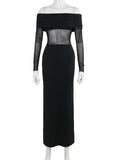 Plataz Sleeves Skinny Pleated See-Through Solid Color Split-Joint Off-The-Shoulder Evening Dresses Maxi HZ1007