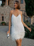 Plataz Tassel Sequins Dress Women Elegant Feather Spaghetti Straps Mini Dresses Summer Sexy Party Club Evening Dresses HZ1007