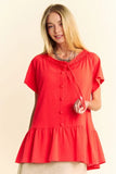 Plataz & Dani Solid Lace Trim Neck Short Sleeve Peplum Top DJPT