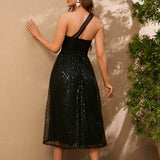Plataz Evening Dress Dress Starry Sky Mesh See Through One Shoulder Dress Party Hip HZ1007