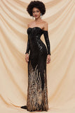 Plataz Sequin Slit Long Sleeve Off Shoulder Maxi Evening Dress - HZ1007