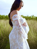 Plataz White Lace Corset Square Neck Flare Sleeve Off Shoulder Bodycon Elegant Cocktail Party Maternity Baby Shower Photoshoot Maxi Dress Maternity
