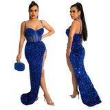 Plataz Spaghetti Straps Chest Wrap Maxi Dress Sequined Lining Sexy Evening Dress Dress with Chest HZ1007