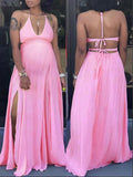 Plataz Pink V-neck Spaghetti Strap Halter Neck Backless Cami Slit Baby Shower Plus Size Maternity Maxi Dress Maternity