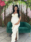 Plataz White Tulle Ruffle Side Slit Corset Cami Elegant Cocktail Party Maternity Maxi Dress Maternity