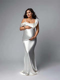Plataz White One Off Shoulder Silk Satin Backless Mermaid Photoshoot Evening Gown Baby Shower Maternity Maxi Dress Maternity