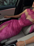 Vintage Fuchsia Sheath Lace Evening Gown High Slit Party Dress Long Formal Dress HZ1024