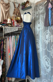 Vintage Royal Blue Satin Evening Gown A-Line Spaghetti Strap Party Dress Long Formal Dress HZ1024