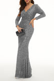 Plataz Elegant Solid Sequins V Neck Evening Dress HZ1007