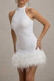 Plataz Party Sequins Zipper Feather Hemline Halter Evening HZ1007