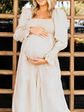 Plataz Ruffle High Waist Falbala Boho Flowy Long Sleeve Plus Size Baby Shower Maternity Photoshoot Midi Dress Maternity