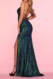 Plataz Formal Solid Sequins Backless Slit V Neck Evening Dress HZ1007