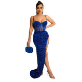 Plataz Spaghetti Straps Chest Wrap Maxi Dress Sequined Lining Sexy Evening Dress Dress with Chest HZ1007