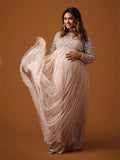 Plataz Sequin Tulle Splicing Long Sleeve Party Gown Photoshoot Maternity Baby Shower Maxi Dress Maternity