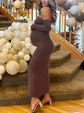 Plataz Brown Off Shoulder Long Sleeve Bodycon Elegant Going Out Maternity Photoshoot Baby Shower Party Maxi Dress Maternity