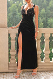 Plataz Formal Solid Sequins Slit V Neck Evening HZ1007