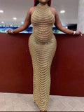 Plataz Gold Rhinestone Mesh Sleeveless Backless Photoshoot Bodycon Evening Plus Size Maternity Maxi Dress Maternity