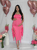 Plataz Rose Carmine Ruffle Slit Bodycon Fashion Party Photoshoot Babyshower Maternity Midi Dress Maternity