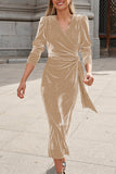 Plataz design elegant long-sleeved evening dress gold velvet HZ1007