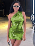 Plataz Leather One Shoulder Sleeveless Draped Mini Prom Dress 2024 Summer Fall Women Elegant Y2K Evening Party Club HZ1007