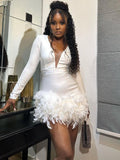 Plataz Deep V Neck Mini Dress For Women Feathers Patchwork Sexy Bodycon Dresses Ladies Slim Solid Party Prom Dress Woman HZ1007