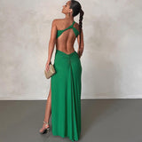 Plataz Shoulder Dress Solid Color Pullover Sexy Backless Evening Dress Long Socialite HZ1007