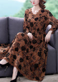 Plataz Coffee Cinched Print Lace Long Dresses HZ1007