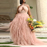 Plataz Size Wedding Women Dress Evening Dress Pink Halter Dress Large Swing Tulle HZ1007