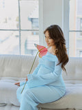 Plataz Blue Knit Ruched Off Shoulder Flare Sleeve Bodycon Elegant Cocktail Party Gown Maternity Photoshoot Baby Shower Maxi Dress Maternity
