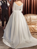 Elegant Ivory Embroidery Long-sleeve A-Line Satin Long Wedding Dress HZ1024