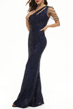 Plataz Elegant Solid Sequins Oblique Collar Evening Dress HZ1007
