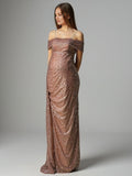 Plataz Sparkly Sequin Off Shoulder Side Slit Draped Evening Gown Maternity Photoshoot Elegant Baby Shower Party Maxi Dress Maternity